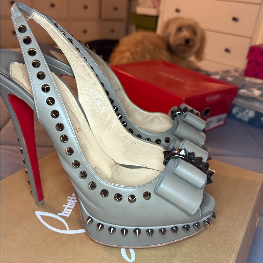 Christian Louboutin clou Gray Studded Peep-Toe Heels